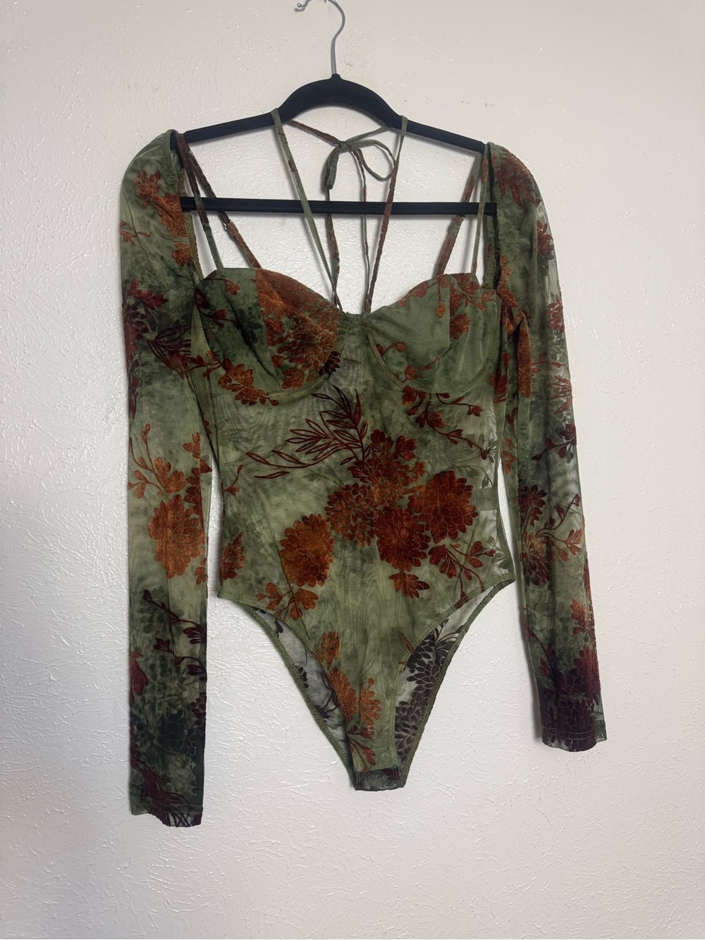 FASHION NOVA Green & Bronze Sheer Floral Bodysuit